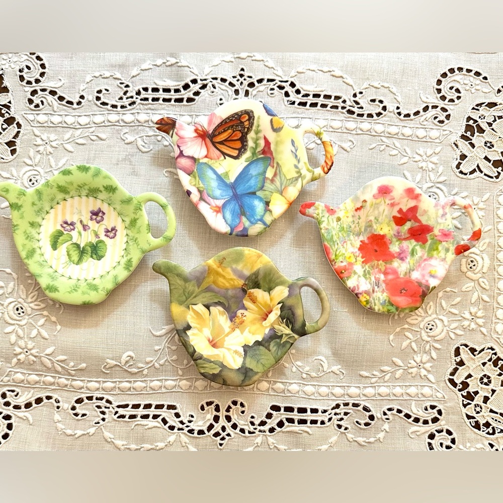 Vntg. Floral and Butterfly Tea Bag Holders